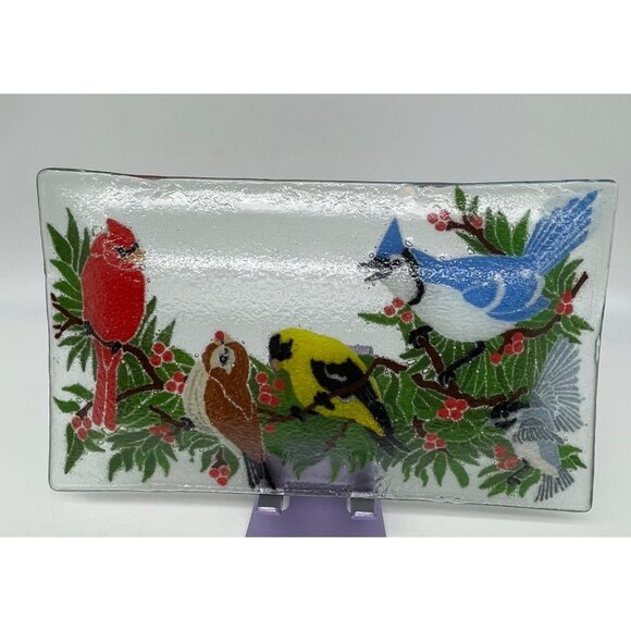 Peggy Karr Signed '05 Fused Glass Birds Holly Winter Design Approx 10"x 6" - Picture 5 of 11